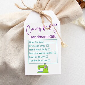Druckbare Geschenkanhänger für HANDGEMACHTE Artikel mit Pflegehinweisen, handgenähtem gesteppten Geschenketikett oder Hangtag für Weihnachtsgeschenke