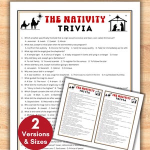 May include: A printed trivia game about the Nativity, featuring questions and answers. The title "THE NATIVITY TRIVIA" is in red. The image includes two versions and sizes of the game, with illustrations of camels, a star, and a stable.
