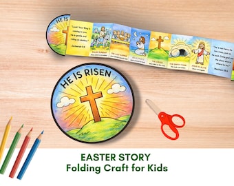 Easter Story Craft for Kids, Holy Week Surprise Bible Folding Coloring Printable Activity, Sunday School, Christian Homeschool, He Is Risen