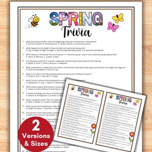 May include: A white paper with the text "SPRING Trivia" in colorful letters, featuring a bee and butterflies. The paper includes trivia questions about spring. A smaller version of the paper is also visible.