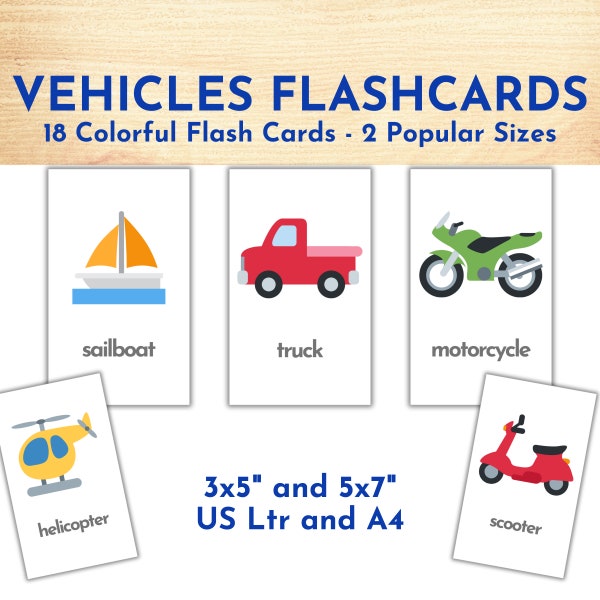 Vehicles Flashcards for Kids Education, 18 Colorful Transport Flash Cards, Children, Preschool Pre K Homeschool Early Childhood Kindergarten