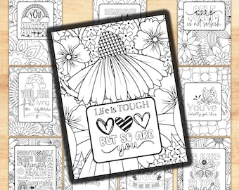 Motivational Adult Coloring Pages, Flowers and Positive Quotes to Color, Teens Self Care Mental Health Affirmations, Art Mindful Therapy