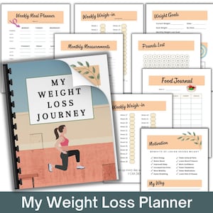 Gewichtsverliesplanner dagboekbundel, afdrukbare gewichtsverliestracker met wekelijks weegschema, fitnessdoelen, maaltijdplan en lichaamsmeting