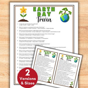 Könnte beinhalten: Druckbares Earth Day Trivia-Spiel mit einer Blumen- und Globusgrafik. Das Hauptblatt enthält Quizfragen mit Multiple-Choice-Antworten. Eine kleinere Version ist ebenfalls enthalten. Der Text lautet "Earth Day Trivia" und "2 Versions & Sizes".