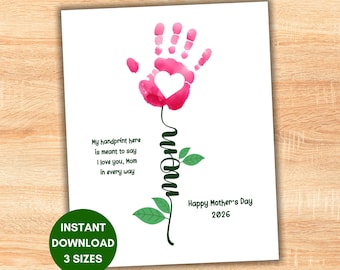 Mothers Day Handprint Flower Poem Art, 2026 Gift for Mom Kids Hand Print Craft, Printable Wall Art Activity, Toddlers Preschool Printables