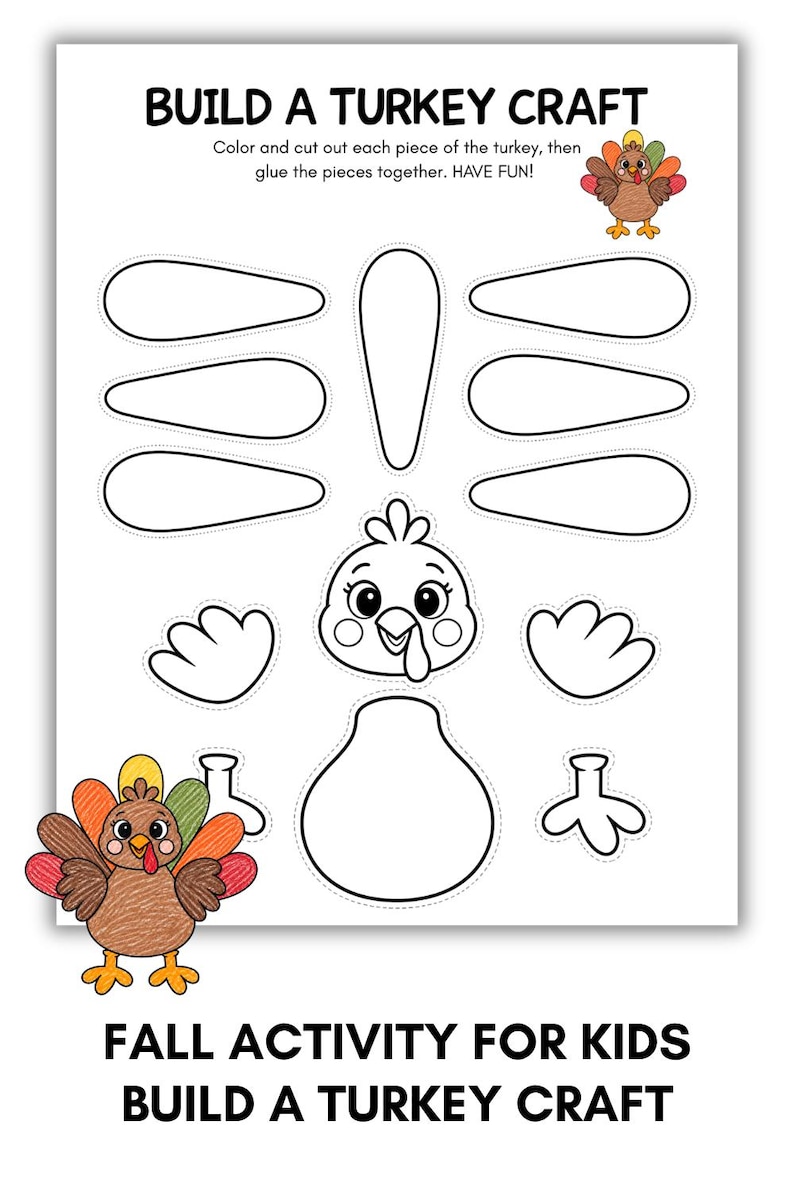 Build a Turkey Craft for Kids, Coloring Cut Paste Thanksgiving Activity ...