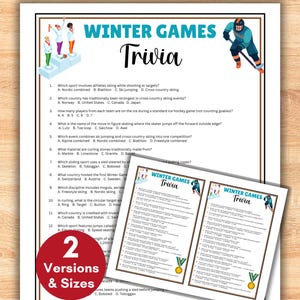 May include: A printed trivia game sheet titled "WINTER GAMES Trivia" with questions about winter sports. The sheet includes illustrations of winter athletes and a podium. A smaller version of the trivia sheet is also included.