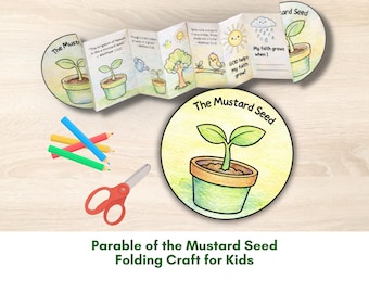 Christian Folding Craft for Kids, Surprise Coloring Printable Activity, VBS Sunday School, Homeschool Preschool Mustard Seed Bible Lesson