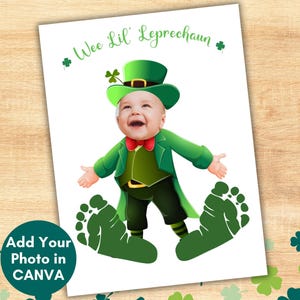 Pode incluir: Imprimível Wee Lil' Leprechaun com um chapéu verde e um traje verde e dourado. O imprimível inclui pegadas para uma criança traçar.