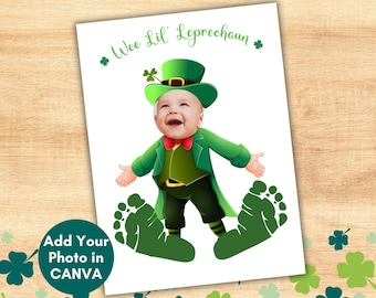 St Patrick's Day Footprint Photo Keepsake, Editable Baby's First Leprechaun Craft Activity, Daycare Homeschool Toddler Handprint Printable