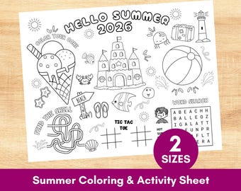 Summer Coloring Sheet for Kids, Beach Theme Activity Placemat, Printable Games Maze, Preschool, Daycare, Vacation Page to Color Party Favor