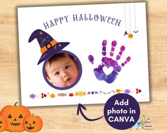 Halloween Handprint Craft Photo Keepsake, Editable Kids Hand Print Memories Gift Idea, Baby's First Holiday Frame Preschool Toddler Activity
