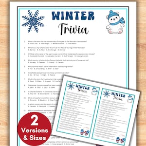 May include: A printable Winter Trivia game sheet featuring a blue snowflake icon, a cartoon polar bear wearing a blue hat and scarf, and twelve multiple-choice questions. A red circular badge displays the text 2 Versions & Sizes.