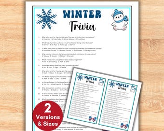 May include: A printable Winter Trivia game sheet featuring a blue snowflake icon, a cartoon polar bear wearing a blue hat and scarf, and twelve multiple-choice questions. A red circular badge displays the text 2 Versions & Sizes.