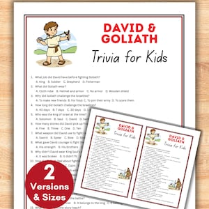 Puede incluir: Un juego de preguntas impreso titulado "David & Goliath Trivia for Kids" con una ilustración de dibujos animados de David. El juego incluye preguntas de opción múltiple y está disponible en dos versiones y tamaños. El fondo es una superficie de madera.