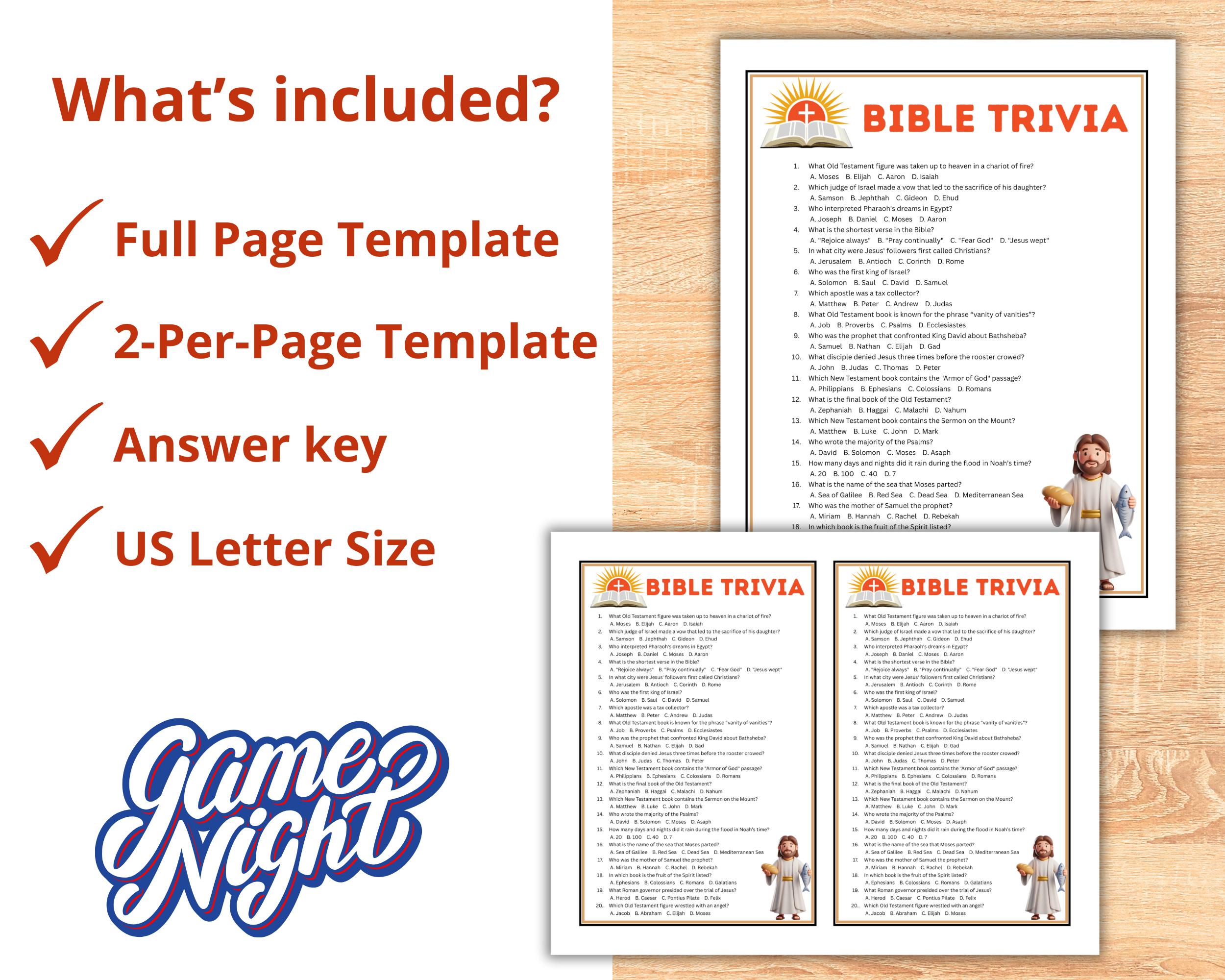 Bible Trivia Quiz Game Printable With Questions and Answers, Christian ...