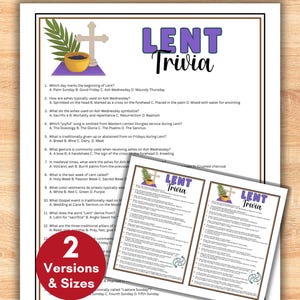 Może przedstawiać: Wydrukowana karta z napisem "LENT Trivia" w fioletowych literach. Karta zawiera pytania z quizu o poście, z małą ilustracją krzyża i liści palmowych. Widoczna jest również mniejsza wersja karty.