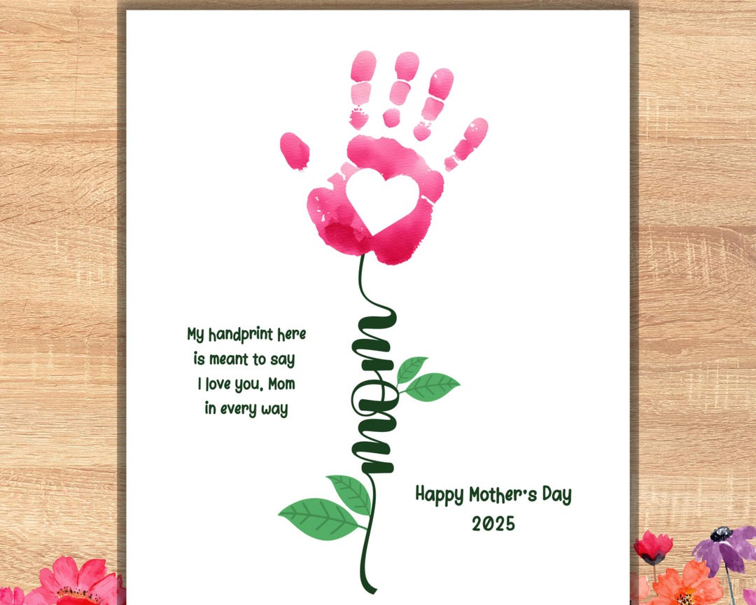 Mothers Day Handprint Flower Poem Art, 2025 Gift for Mom Kids Hand ...