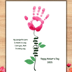 Art poème empreinte de fleur pour la fête des mères, cadeau 2025 pour maman, artisanat d'impression à la main pour enfants, activité d'art mural imprimable, impressions préscolaires pour tout-petits