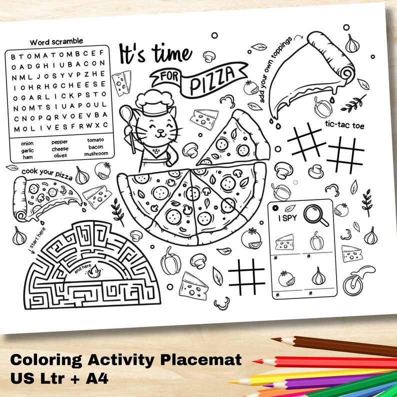 Coloring Placemats for Kids Pizza Party, Printable Restaurant Activity