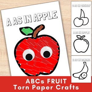 Lavoretto di carta strappata per bambini ABC FRUTTA, idea di lavoretti di carta facili da strappare, tagliare, incollare, attività artistica con colla, asilo nido, scuola materna, stampabile
