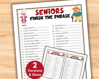 Games for Seniors Finish the Phrase Trivia Quiz, Party Games for Senior Citizens Family Fun Sayings, Printable Group Activity for Elderly