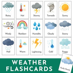 Weather Flashcards for Kids, Homeschool Education Flash Cards, 16 Learning Cards for PreSchool Kindergarten Daycare Educational Printable