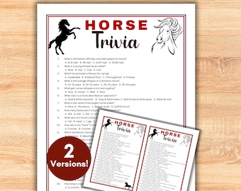 Könnte beinhalten: Ein weißes Blatt mit "HORSE Trivia" in Rot, mit Pferdesilhouetten und Quizfragen. Zwei Versionen des Quizbogens sind enthalten, ideal für Pferdeliebhaber.