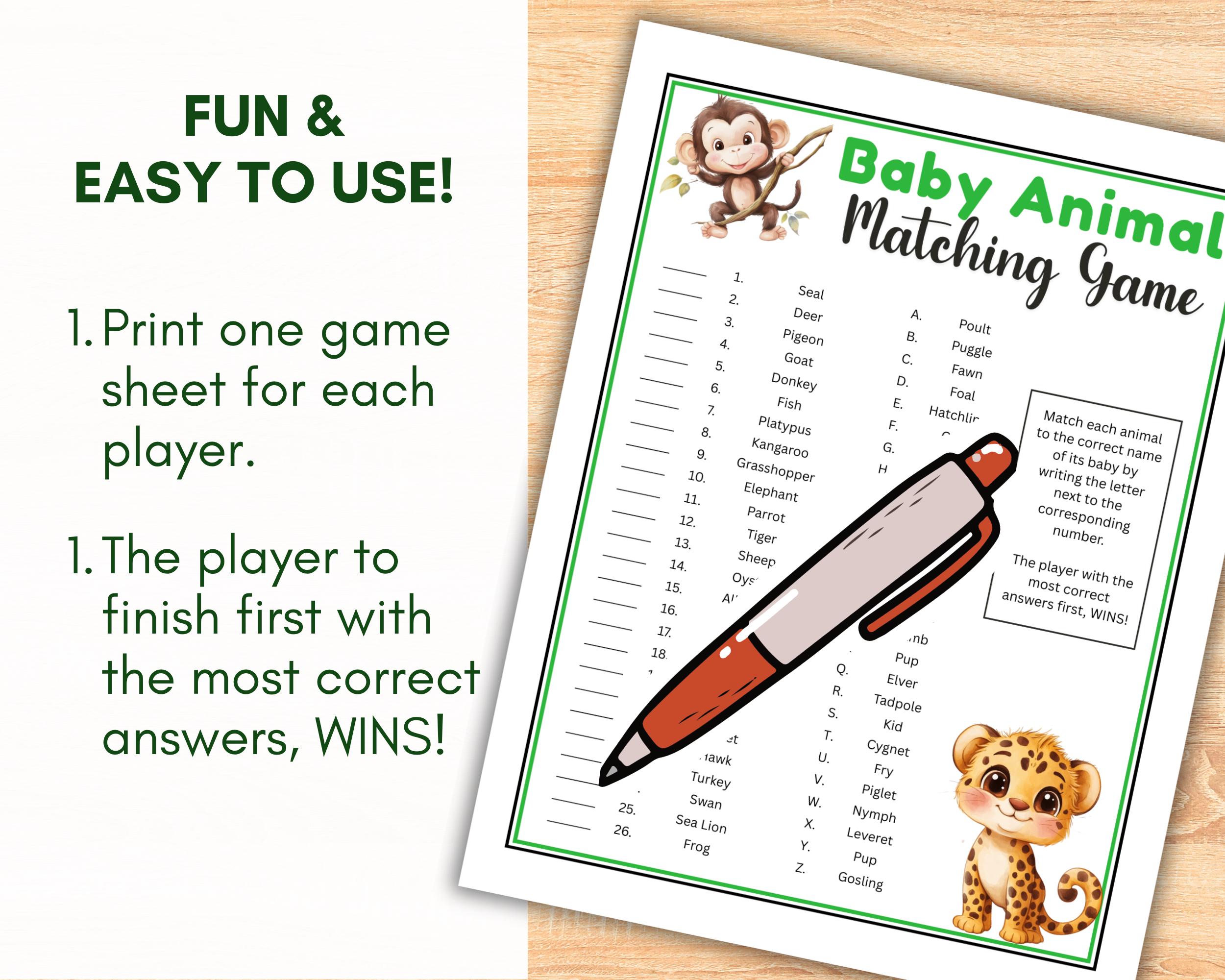 Baby Animal Matching Game Quiz Printable, Match up Games With Answers ...