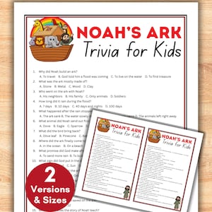 Peut inclure: Un jeu de trivia imprimé intitulé "Noah's Ark Trivia for Kids". Le design présente une illustration colorée de l'Arche de Noé avec des animaux et un arc-en-ciel. Le jeu comprend des questions et des réponses à choix multiples.