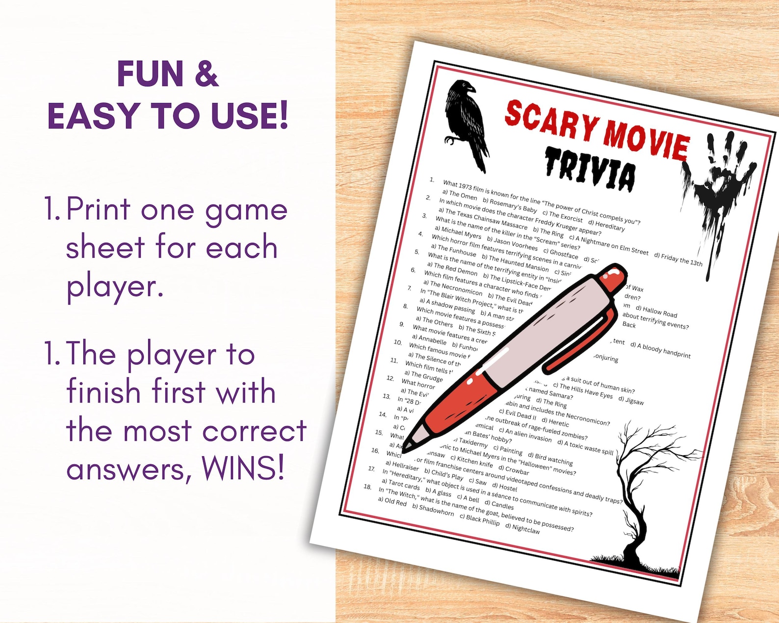Scary Movie Trivia Quiz Game Printable, Horror Movies Questions and Answers, Halloween Activity ...