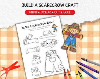 Scarecrow Craft for Kids, Build a Scarecrow Halloween Fall Cut Paste Activity, Thanksgiving Paper Crafts Color Glue, Daycare PreK Homeschool