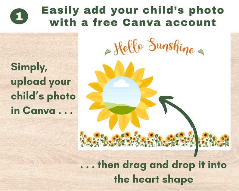 May include: A digital illustration of a yellow sunflower with a white cloud and green grass inside the center. The text "Hello Sunshine" is above the sunflower. An arrow points to the sunflower, and the text "...then drag and drop it into the heart shape" is below the sunflower.