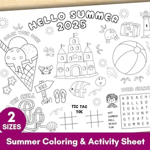 Sommer Malseite für Kinder, Strand Thema Aktivität Tischset, Druckbare Spiele Labyrinth, Vorschule, Kindertagesstätte, Urlaubsseite zum Ausmalen für Gastgeschenk