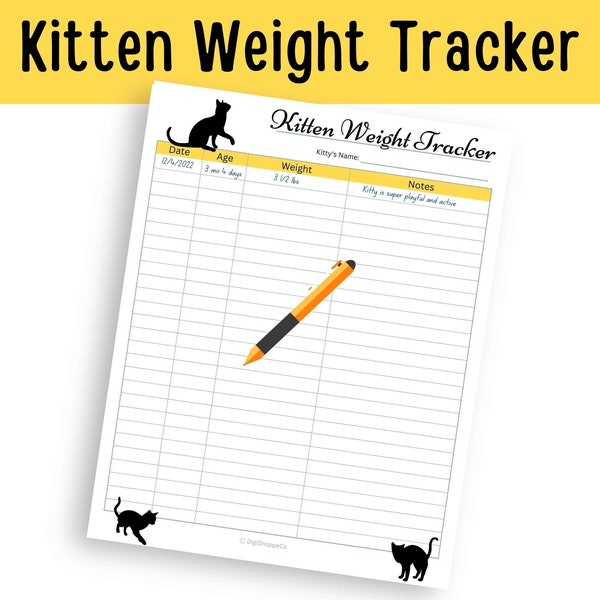 Kitten Weight Tracker in Easy To Use Printable Tracker Chart. Quickly see your Cat's Weight loss or gain with this Pet Weight Tracker Log