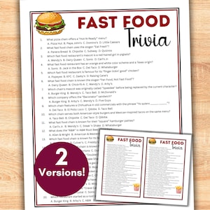 Könnte beinhalten: Ein gedrucktes Trivia-Spielblatt mit dem Titel "FAST FOOD Trivia" mit einer Hamburger-Grafik. Das Blatt enthält Multiple-Choice-Fragen zu Fast-Food-Restaurants. Eine kleinere Version des Spiels ist ebenfalls enthalten.