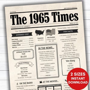1965 Year You Were Born Facts, Birthday Newspaper Keepsake Poster, Retro Gift for Dad Mom, 60th Birthdays Decoration, Back in 65 Highlights