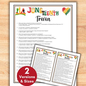 May include: A Juneteenth Trivia printable with colorful text and graphics. The main sheet features trivia questions, while a smaller sheet offers answers. A red circle indicates "2 Versions & Sizes."