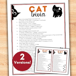 May include: A printed sheet with "CAT trivia" in orange letters, featuring cat silhouettes. The sheet includes trivia questions about cats, with a red circle that says "2 Versions!" and two smaller versions of the trivia sheet.