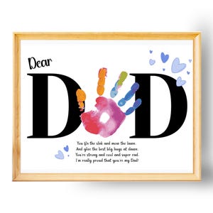 Manualidad con la huella de la mano de papá para el Día del Padre, regalo de cumpleaños hecho a mano por los niños, tarjeta de felicitación imprimible con poema para bebés y niños pequeños para papás primerizos