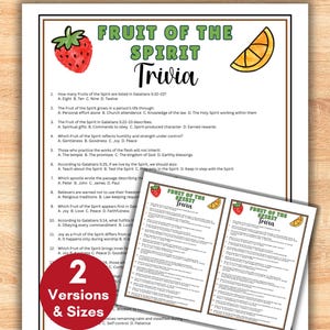May include: A trivia game sheet titled "Fruit of the Spirit Trivia" with a strawberry and orange slice illustration. The sheet includes multiple-choice questions about the Fruits of the Spirit. A smaller version of the trivia sheet is also included.
