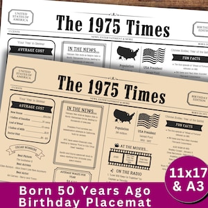 1975 Newspaper Placemat, 50th Birthday Poster Gift, Born in 75 Party Decor, Year in Review USA Facts, Party Favor Decoration, Back in 1975