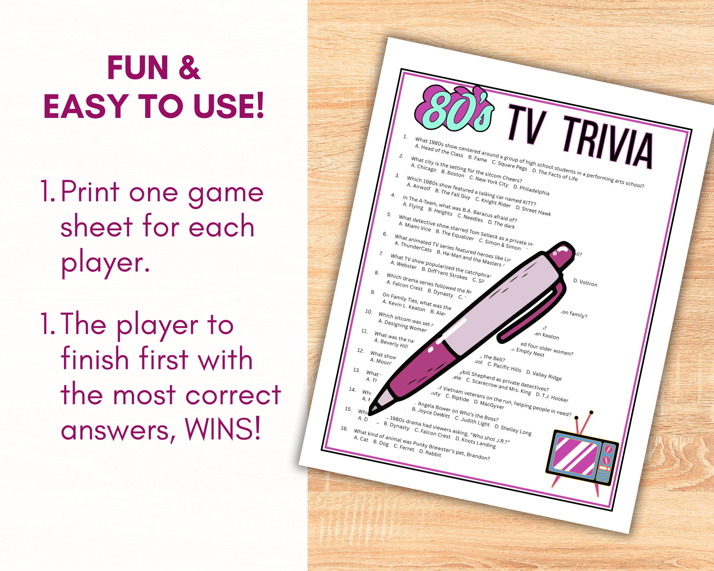 80s TV Trivia Quiz Game Printable With Answers, 1980s Popular