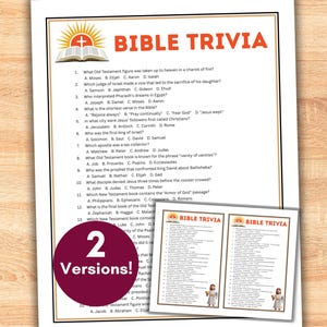 May include: A printed sheet with the title "BIBLE TRIVIA" in red letters, featuring trivia questions about the Bible. The sheet includes multiple-choice questions and answers. A smaller version of the sheet is also included.