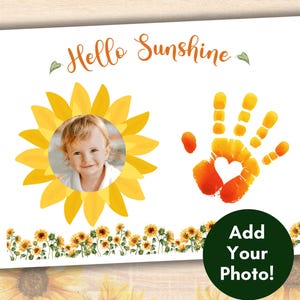 Recuerdo fotográfico de huellas de manos de verano, idea de regalo editable para bebés y niños pequeños, arte mural de girasoles, imprimible para preescolar, actividad infantil