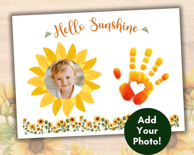 Summer Handprint Photo Art Keepsake, Editable Baby Toddler Hand Print Gift Idea, Sunflower Wall Art, Preschool Printable, Kids Activity image 1
