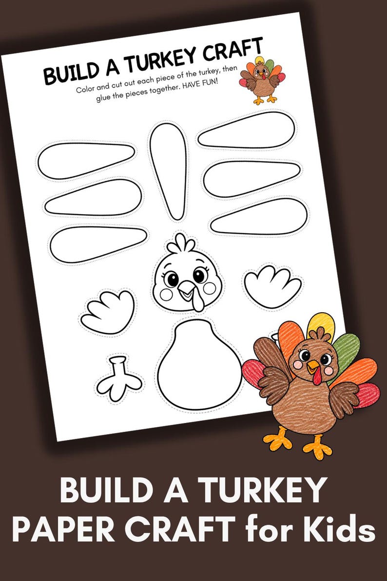 Build a Turkey Craft for Kids, Coloring Cut Paste Thanksgiving Activity ...
