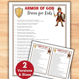 Könnte beinhalten: Ein druckbares Quiz-Spielblatt mit dem Titel Armor of God Trivia for Kids, das einen Cartoon-Ritter mit Schwert und Schild zeigt. Das Dokument enthält eine Liste von Multiple-Choice-Fragen und ein rotes kreisförmiges Abzeichen mit 2 Versions & Sizes.
