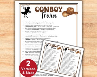 Könnte beinhalten: Ein gedrucktes Cowboy-Trivia-Spiel mit einem braunen Cowboyhut und einer Silhouette eines Cowboys auf einem Pferd. Der Text "Cowboy Trivia" wird oben angezeigt. Das Bild enthält auch zwei kleinere Versionen des Spiels.