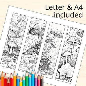 Marcadores para colorear con tema SETAS, páginas para colorear imprimibles para adultos y adolescentes que presentan diseños de setas en formato de marcapáginas Carta + A4